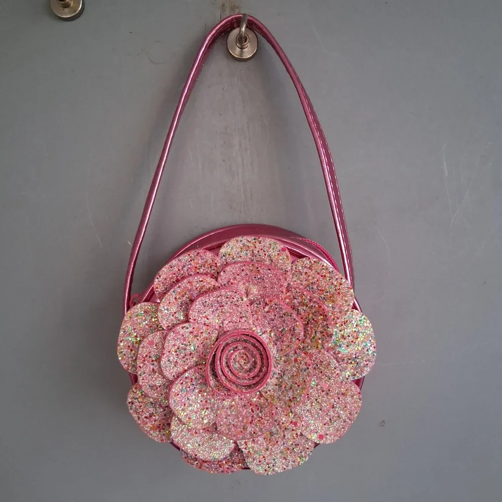 Pink Metallic Round 3D Glitter Flower Small Bag Novelty Floral Purse Girls
